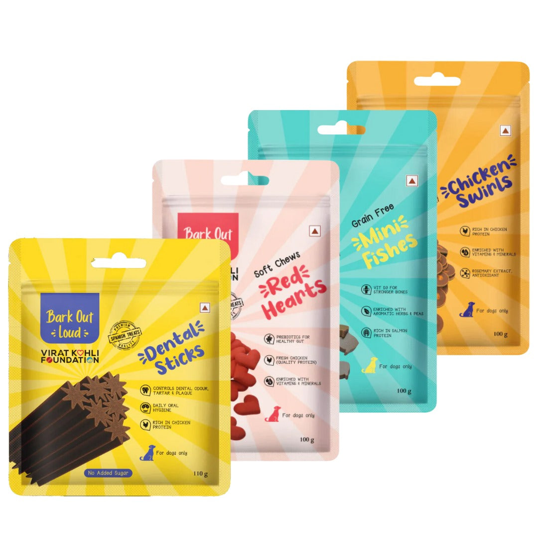Bark Out Loud - Treats Basket (1 Dental Sticks + 1 Red Hearts Spanish + 1 Mini Fishes + 1 Chicken Swirls Dog Treats)
