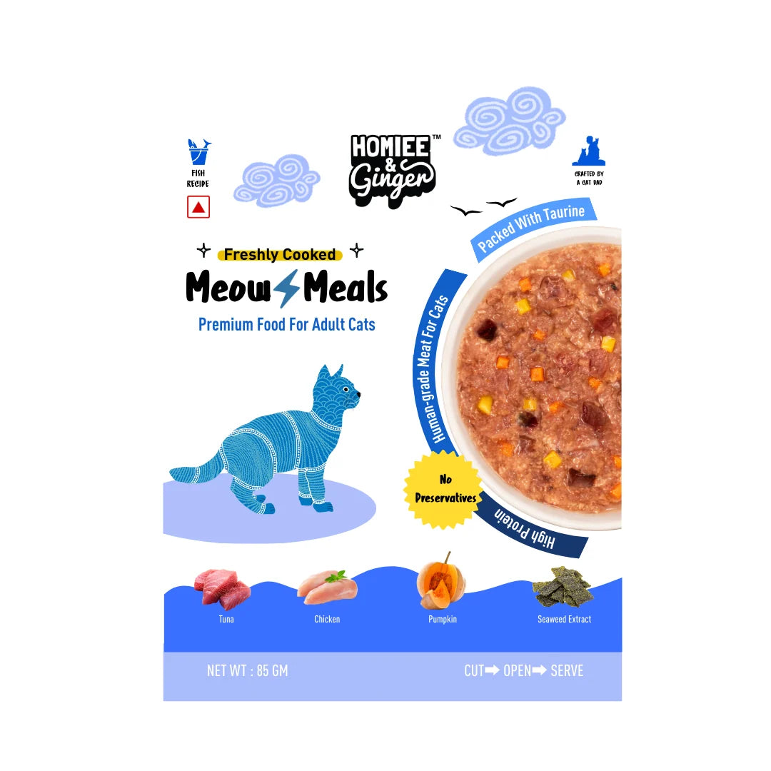 Homiee & Ginger Meow Meals Tuna, Carrot & Pumpkin wet cat food pouch
