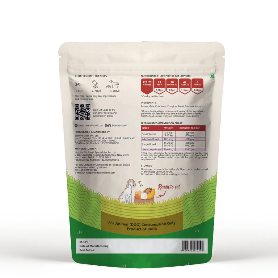 Bennys Bowl Paneer and Oats Rice Dog Fresh and Wet Food