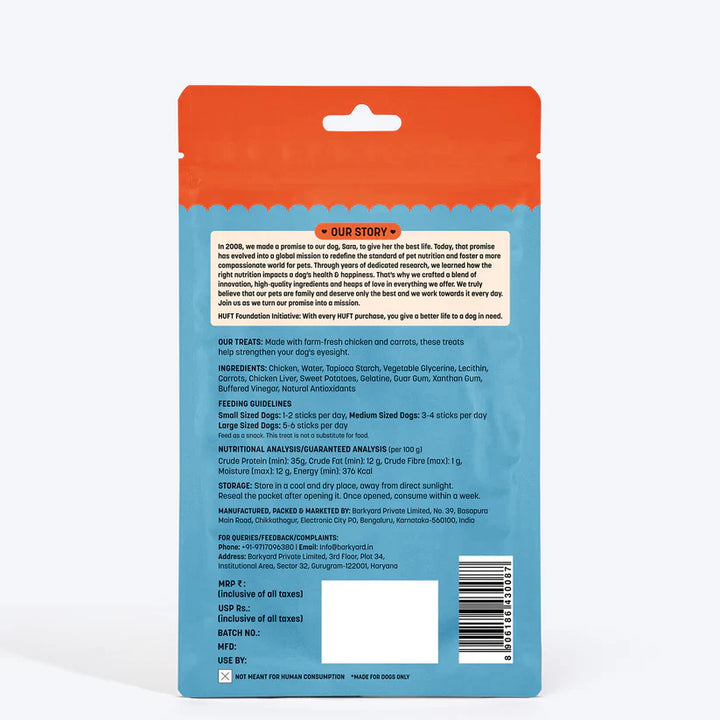 HUFT Yum Nums Dog Treats Soft & Chewy Sticks Carrot With Real Chicken - 70 gm