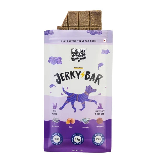 Homiee & Ginger grain free fish jerky bar dog treats pack
